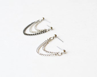 Silver and Black Chains Cartilage Lobe Double Pierce Earrings (Set of 2)