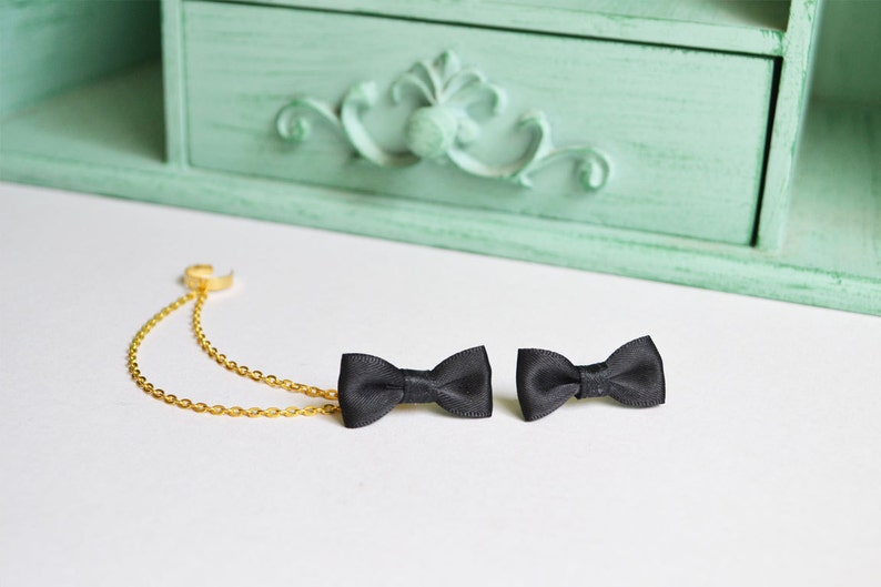 Black Bow Gold Double Chain Ear Cuff Earrings Pair image 2