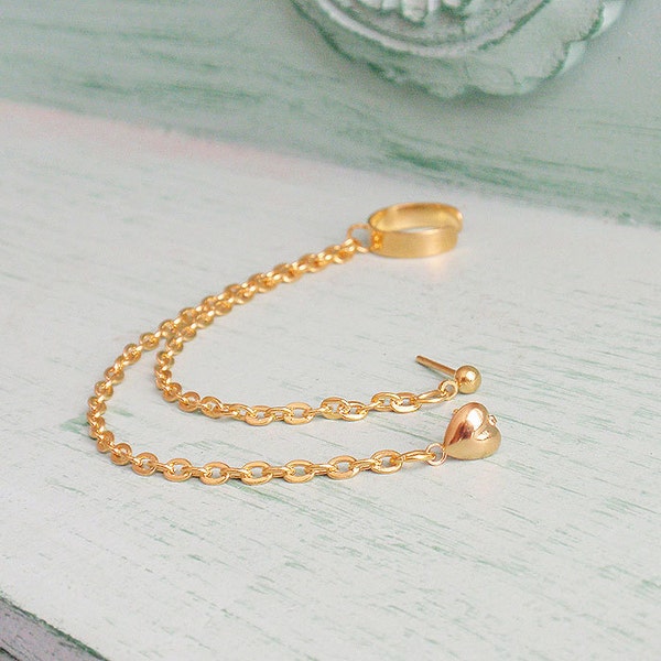 Gold Heart Double Pierce Ear Cuff Earring(Single-Side)