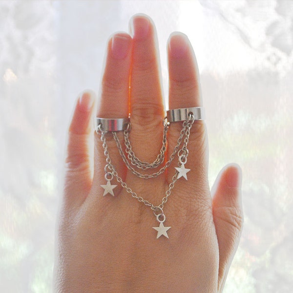Falling Star Harness Chain Above the Knuckle Silver Double Finger Midi Ring