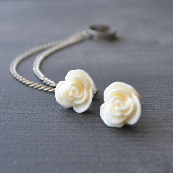 Antiqued Cream Rose Double Chain Ear Cuff Earrings (Pair)