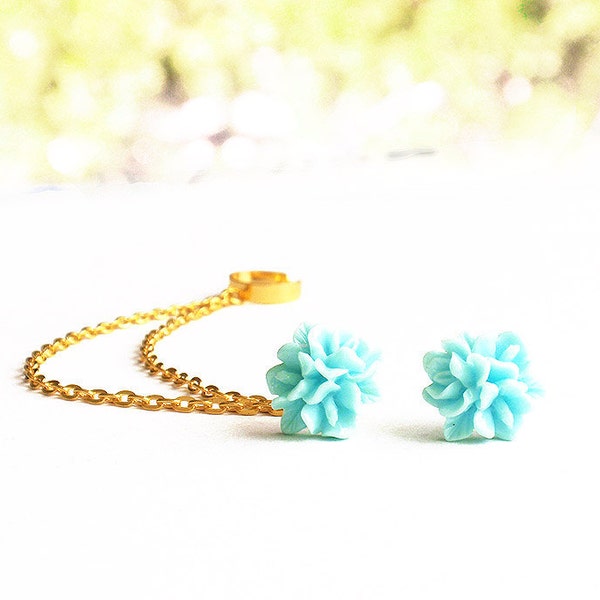 Sweet Blue Bloom Gold Double Chain Ear Cuff (Pair)