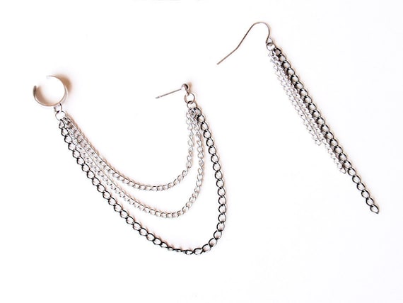 Silver and Black Triple Chain Cuff Earrings (pair) - Etsy