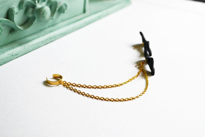 Black Bow Gold Double Chain Ear Cuff Earrings Pair image 5