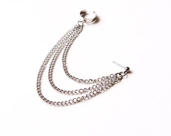 Silver Triple Chain Ear Cuff Earring (Single-Side)