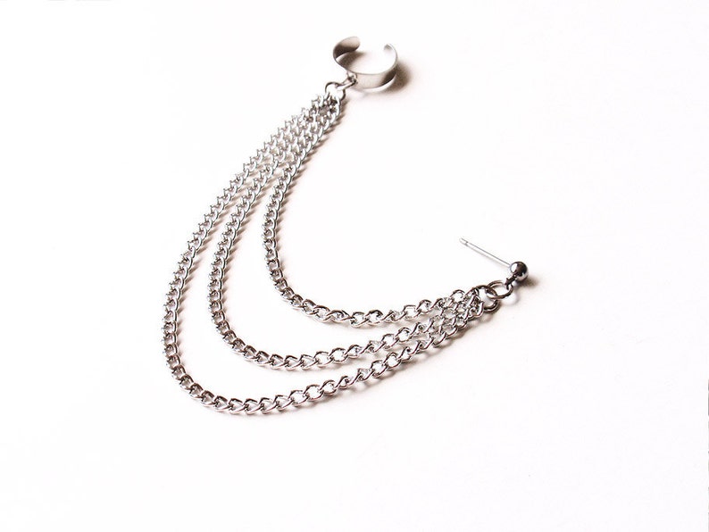 Silver Triple Chain Ear Cuff Earring Single-Side image 1