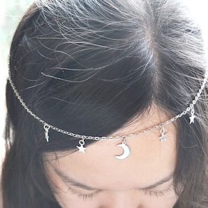 Silver Crescent Moon and Stars Head Chain