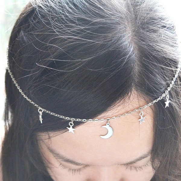 Silver Crescent Moon and Stars Head Chain