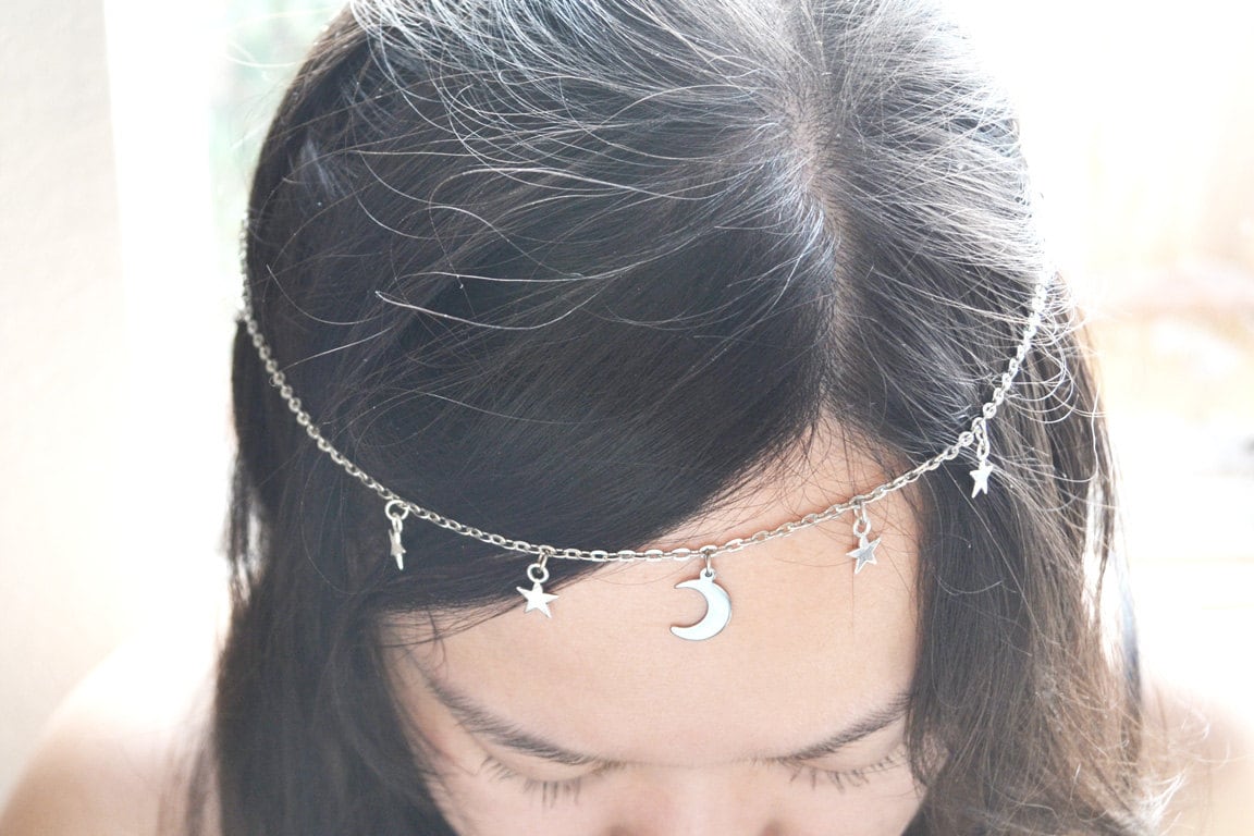 Silver Crescent Moon and Stars Head Chain Etsy