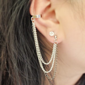 Silver and Black Triple Chain Cuff Earrings (Pair)