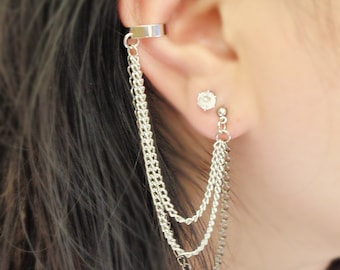 Silver and Black Triple Chain Cuff Earrings (Pair)