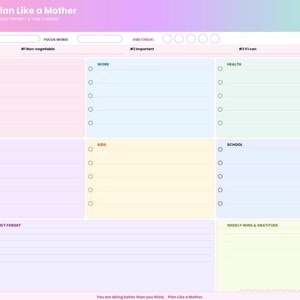 May include: A weekly planner titled "Plan Like a Mother" with sections for home, work, health, self-care, kids, and school. The planner has a pastel color scheme with a gradient background and space for notes and weekly goals.