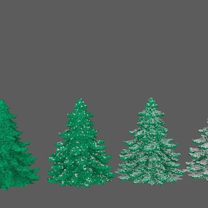 以下が含まれることがあります： 緑色のクリスマスツリーが4本、それぞれ雪の付き方が異なります。グレーの背景に並んでおり、雪のない状態から完全に雪に覆われた状態への変化を示しています。