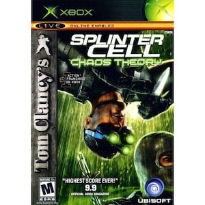May include: Splinter Cell: Chaos Theory Xbox game case. The cover features a soldier with night vision goggles and a knife, with the game title in large, bold letters. The case has a green and black color scheme.