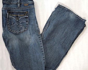 Jeans vintage plateados Belle Star para mujer, talla 30, acampanados, con bolsillos bordados, mezclilla azul.