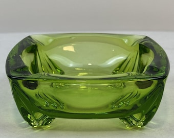Vintage Mid-Century Green Glass Ashtray Square 4.5" Retro Heavy Art Glass