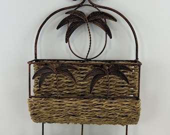 Cesta de pared tejida con forma de palmera, ganchos de metal de cobre, organizador de decoración costera de ratán para el hogar