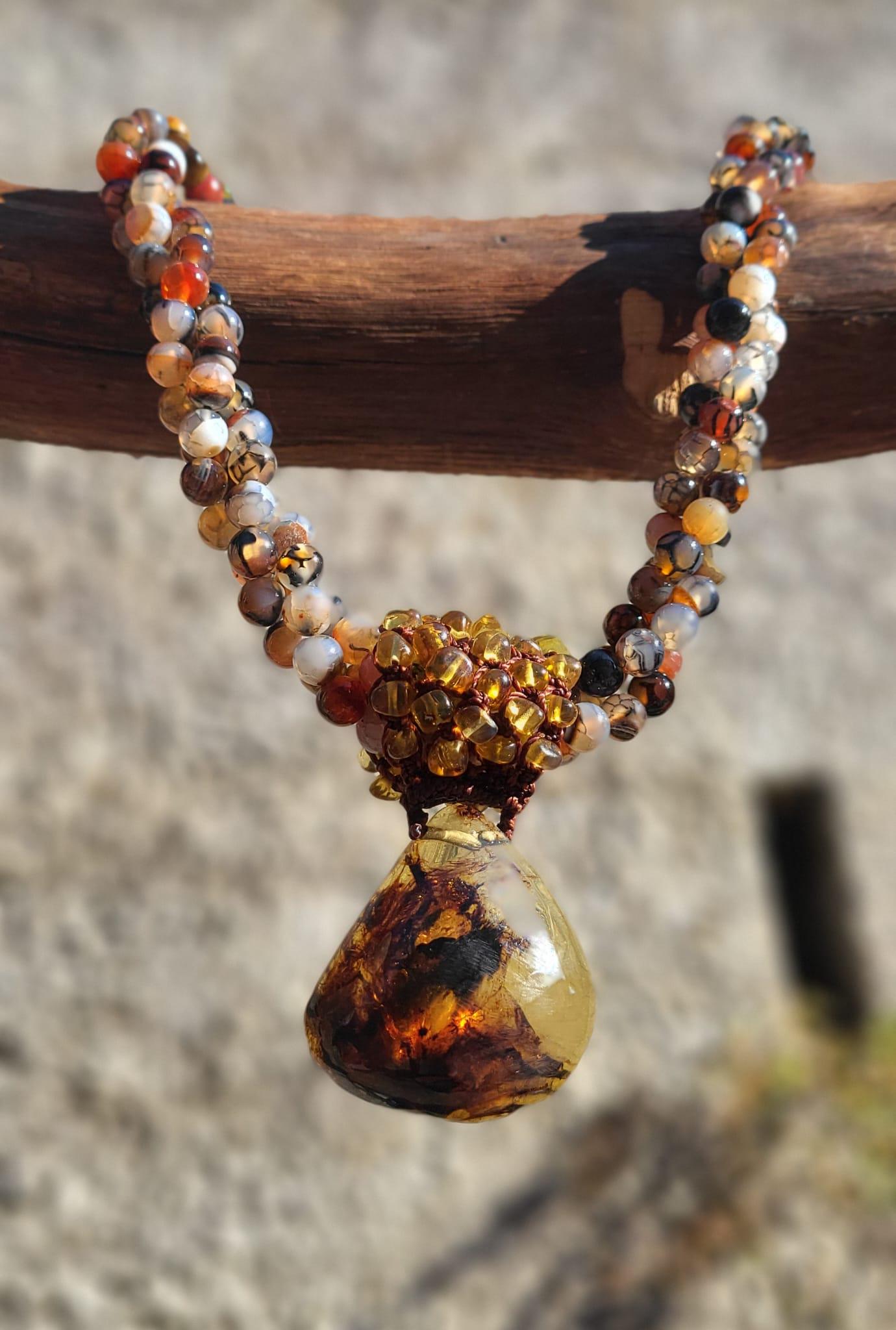 Collier De Perles En Argent Sterling 925 Avec Ambre Jaune Et Onyx - Style Ethnique Bohème, Neuf