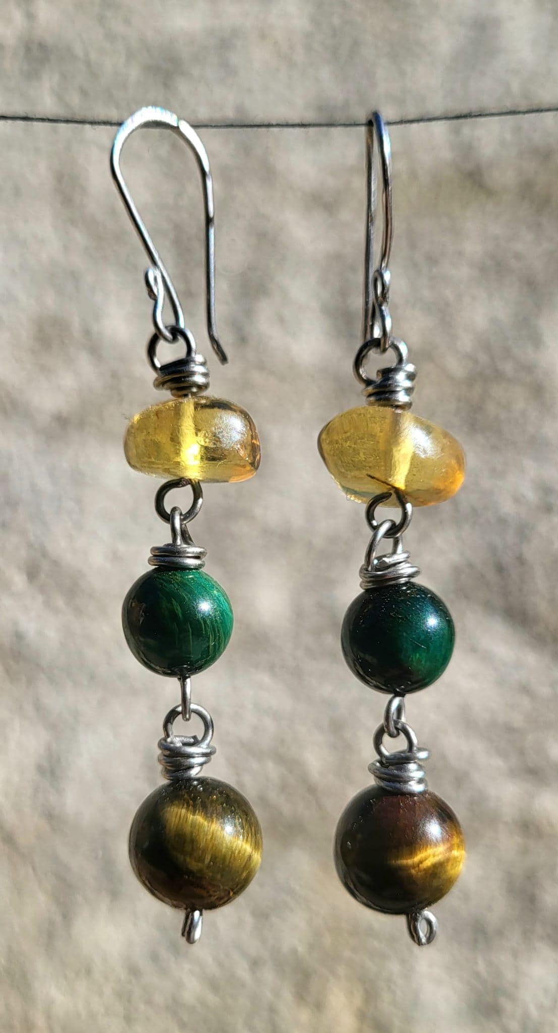 Boucles D'oreilles Créoles Avec Ambre Vert - Argent 925 Plaqué Or - Pierres Naturelles - Neuf Avec étiquettes