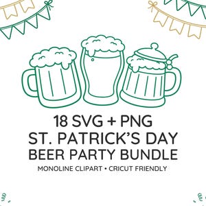 Paquete SVG/Clipart monolineal para la fiesta de la cerveza del Día de San Patricio (18 elementos)