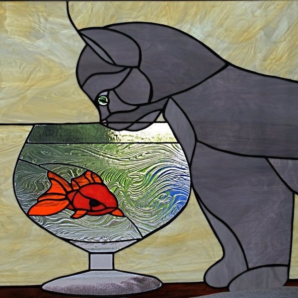 Cat and the Fishbowl Stained Glass Window