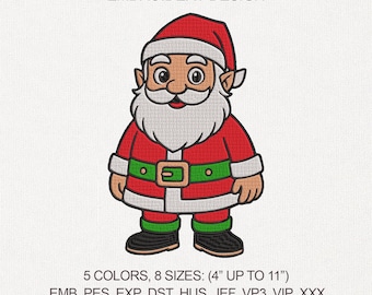 Puede incluir: Diseño bordado de un Papá Noel de dibujos animados con traje rojo, barba y gorro blancos. La imagen incluye el texto "EMBROIDERY DESIGN" y detalles sobre la descarga digital, tamaños de 10 cm a 28 cm.