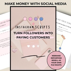Könnte beinhalten: Ein rosa-weißer Planer mit dem Text "Instagram Scripts" und "Turn Followers Into Paying Customers". Ein rosa Smartphone und ein Stift sind ebenfalls zu sehen. Das Bild enthält den Text "Rebrand, Repurpose, Resell as Your Own PLR Rights."