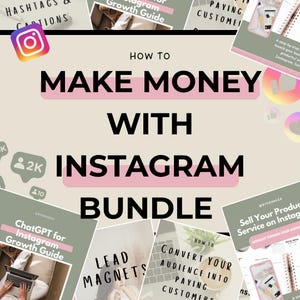 Puede incluir: Imagen promocional con el texto "Cómo ganar dinero con el paquete de Instagram". La imagen incluye varias guías y gráficos relacionados con el marketing de Instagram, como "ChatGPT para la guía de crecimiento de Instagram".