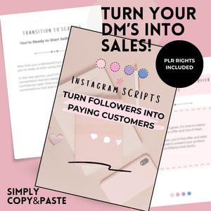 Könnte beinhalten: Eine rosa-weiße Grafik mit dem Text "TURN YOUR DM'S INTO SALES!" und "INSTAGRAM SCRIPTS TURN FOLLOWERS INTO PAYING CUSTOMERS." Ein schwarzer Kreis lautet "PLR RIGHTS INCLUDED." Die Worte "SIMPLY COPY & PASTE" stehen unten.