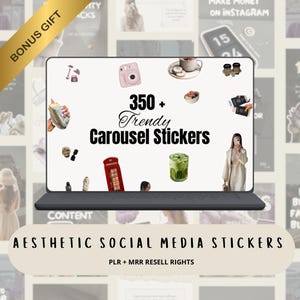May include: A laptop screen shows "350+ Trendy Carousel Stickers" with diverse aesthetic graphics, including a pink camera, matcha drink, and a red telephone box. The text "Aesthetic Social Media Stickers" is also visible.