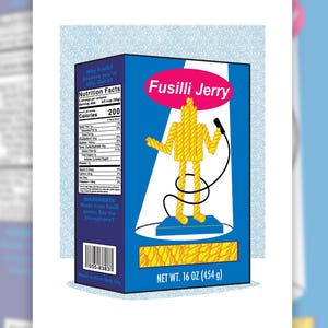 May include: A blue box of "Fusilli Jerry" pasta with a cartoon figure made of pasta holding a microphone. The box has nutrition facts and states "NET WT. 16 OZ (454 g)". The pasta figure is yellow, and the text is in white and pink.