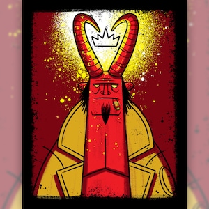 May include: An illustration of a character with horns and a crown. The character is wearing a yellow jacket and has a red face. The background is red with yellow and white splatters.
