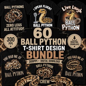 Bundel met PNG-ontwerpen voor T-shirts met balpythons | Shirts voor slangenliefhebbers | Reptielenontwerpen | Afbeeldingen van huisdierpythons | Kleding voor herpetologie