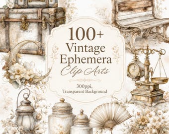 Vintage ephemera clipartbundel, rustieke boho aquarel dagboekelementen (digitale download)