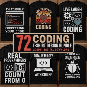May include: A collection of six black t-shirts featuring various white and orange graphic designs related to computer programming, including text like I'M SILENTLY CORRECTING YOUR CODE, LIFE IS BETTER WITH CODING, and I HAVE A DEGREE IN DEBUGGING.