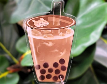 Transparent Boba & Matcha Milk Tea Sticker, Clear Waterproof Bubble Tea Decal for Laptop, Water Bottle, and Journal with Shiba Detail
