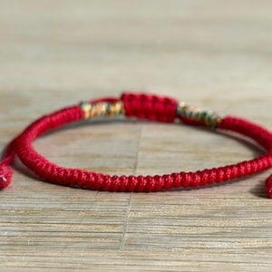 以下が含まれることがあります： スライドノット留めの赤い織りブレスレット。ブレスレットは、太い編み込みコードで作られています。ブレスレットの中央には、金とマルチカラーの装飾的なアクセントがあります。ブレスレットは、明るい茶色の木製の表面に置かれています。