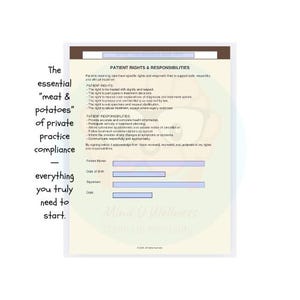 Pode incluir: Um documento intitulado "DIREITOS E RESPONSABILIDADES DO PACIENTE" com texto sobre os direitos e responsabilidades do paciente. O documento inclui seções para informações do paciente e assinatura. O documento está em um fundo branco.