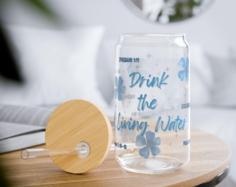 Blue Drink the Living Water Sipper Glass | Floral Scripture Verse 16oz