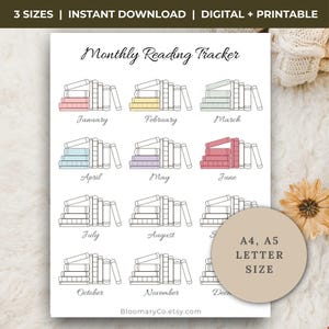 May include: A printable monthly reading tracker with a white background. The design features stacks of books in various colors, one for each month of the year. Text includes "Monthly Reading Tracker" and size options.