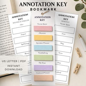May include: Three white rectangular bookmarks with black text and coloured sticky notes. The left bookmark is labelled Annotation Key Mystery & Thriller, the centre has six coloured sticky notes, and the right is labelled Annotation Key Romance.