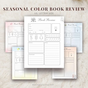 Puede incluir: Una colección de plantillas de reseñas de libros tamaño US Letter en varios colores pastel. Cada plantilla incluye secciones para título, autor, género y resumen. El diseño presenta detalles florales y el texto "Book Review".