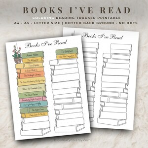 May include: Two printable reading tracker sheets. One sheet features a stack of books with titles like "Atomic Habits" and "The Alchemist." The other sheet is a blank outline of books. The text "BOOKS I'VE READ" is at the top.