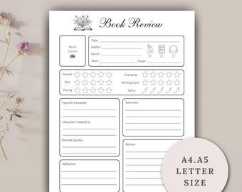 Plantilla imprimible de reseña de libro: Diario de lectura, diseño minimalista (descarga en PDF, tamaños A4/A5/Carta)