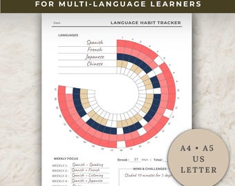 Registro de hábitos multilingües: Diario de aprendizaje (Goodnotes, PDF)