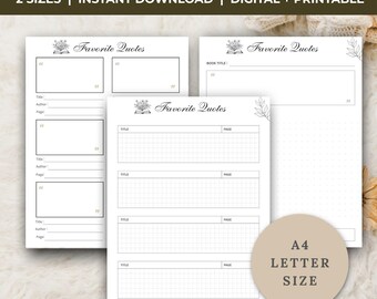 Diario de lectura minimalista imprimible con citas favoritas (tamaños A4, carta) Descarga digital