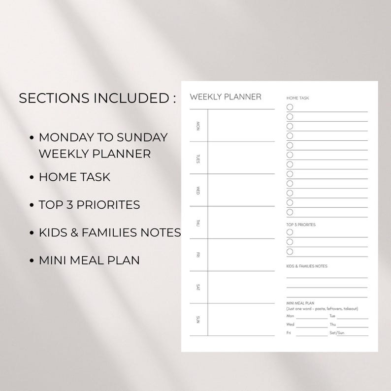 Busy Mom Weekly Planner Printable Undated Minimalist Weekly Schedule ...
