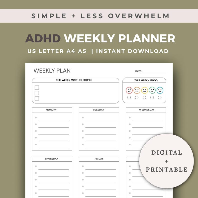 ADHD Weekly Planner for Adults | Simple Task Management Digital ...