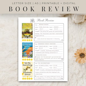 May include: A printable book review template with the text "BOOK REVIEW" at the top. The template includes sections for book title, author, genre, start and finish dates, and thoughts. Three book covers are visible: "Broken Country", "Remarkably Bright Creatures", and "Tell Me Everything".