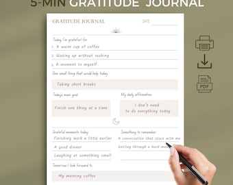 Diario de gratitud de 5 minutos imprimible: Reflexión diaria sencilla (Descarga PDF en tamaños A4/A5/Carta de EE. UU.)